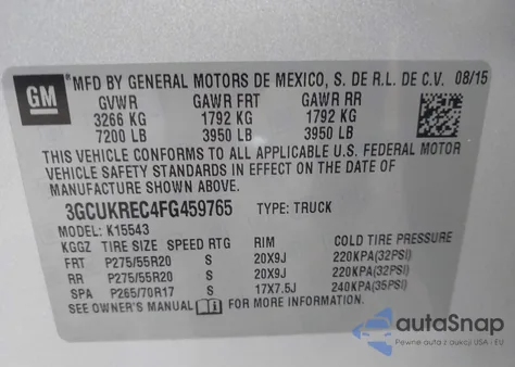 2015 Chevrolet Silverado 1500 1Lt from USA, damaged, VIN 3GCUKREC4FG459765